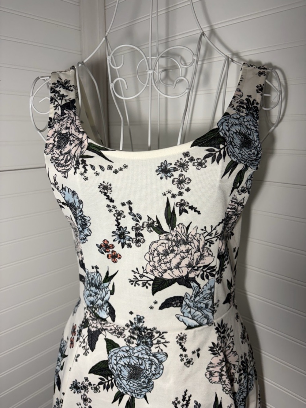 Floral Fit-and-Flare Dress in Ivory with Blue & Pink Blooms - Picture 3 of 10